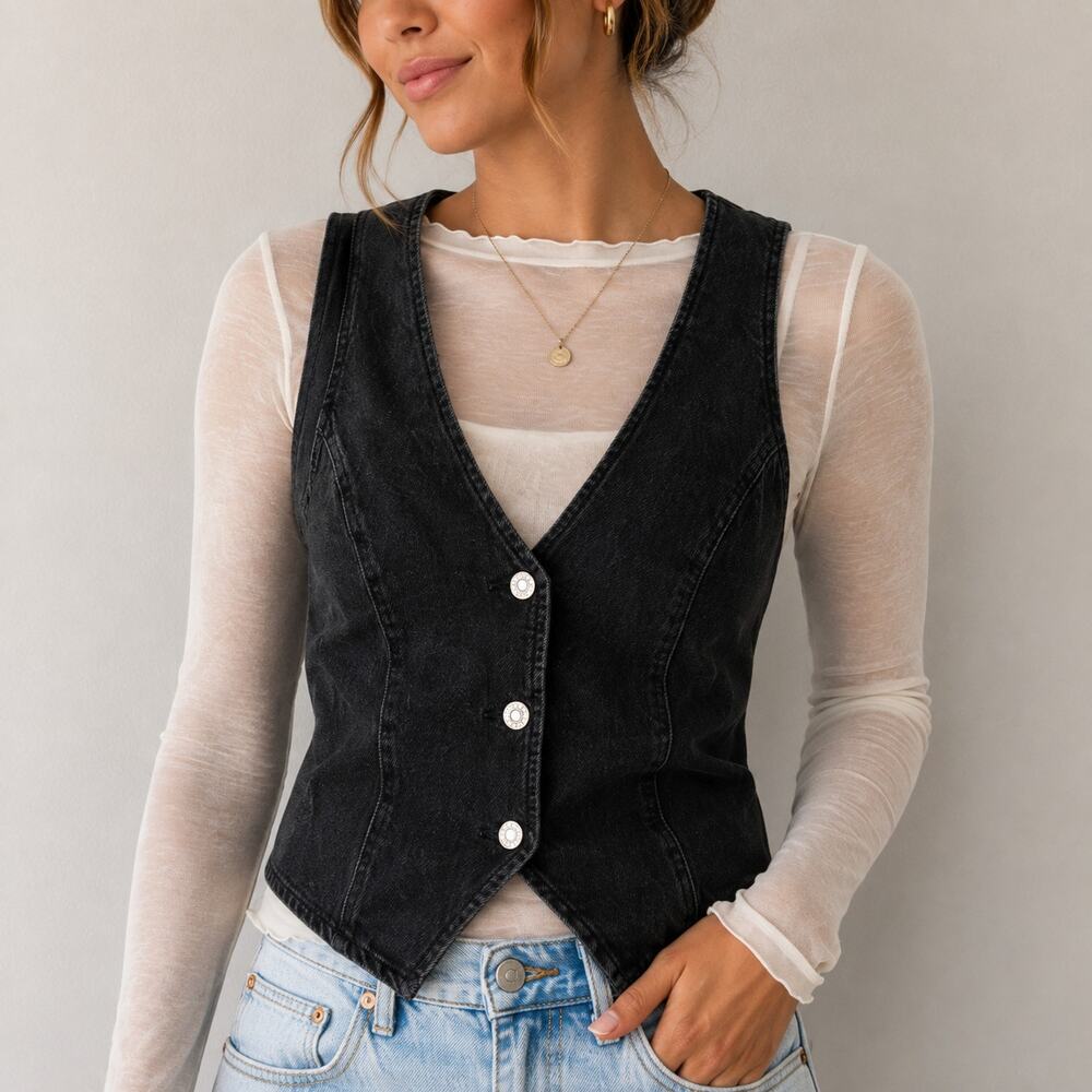 Agolde Black Denim Button Front Vest Size XL